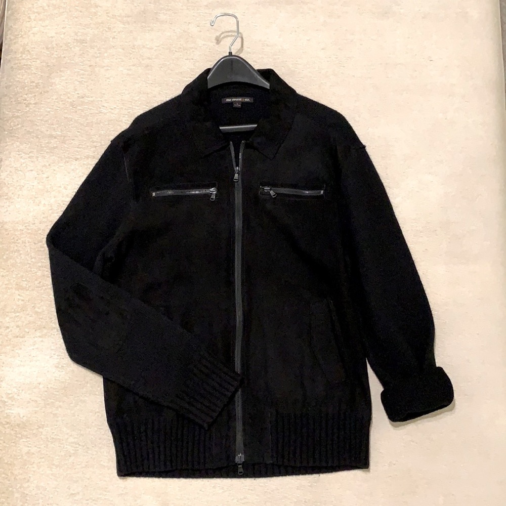 John Varvatos USA black zip up cardigan wool/nylon/lamb leather sweater